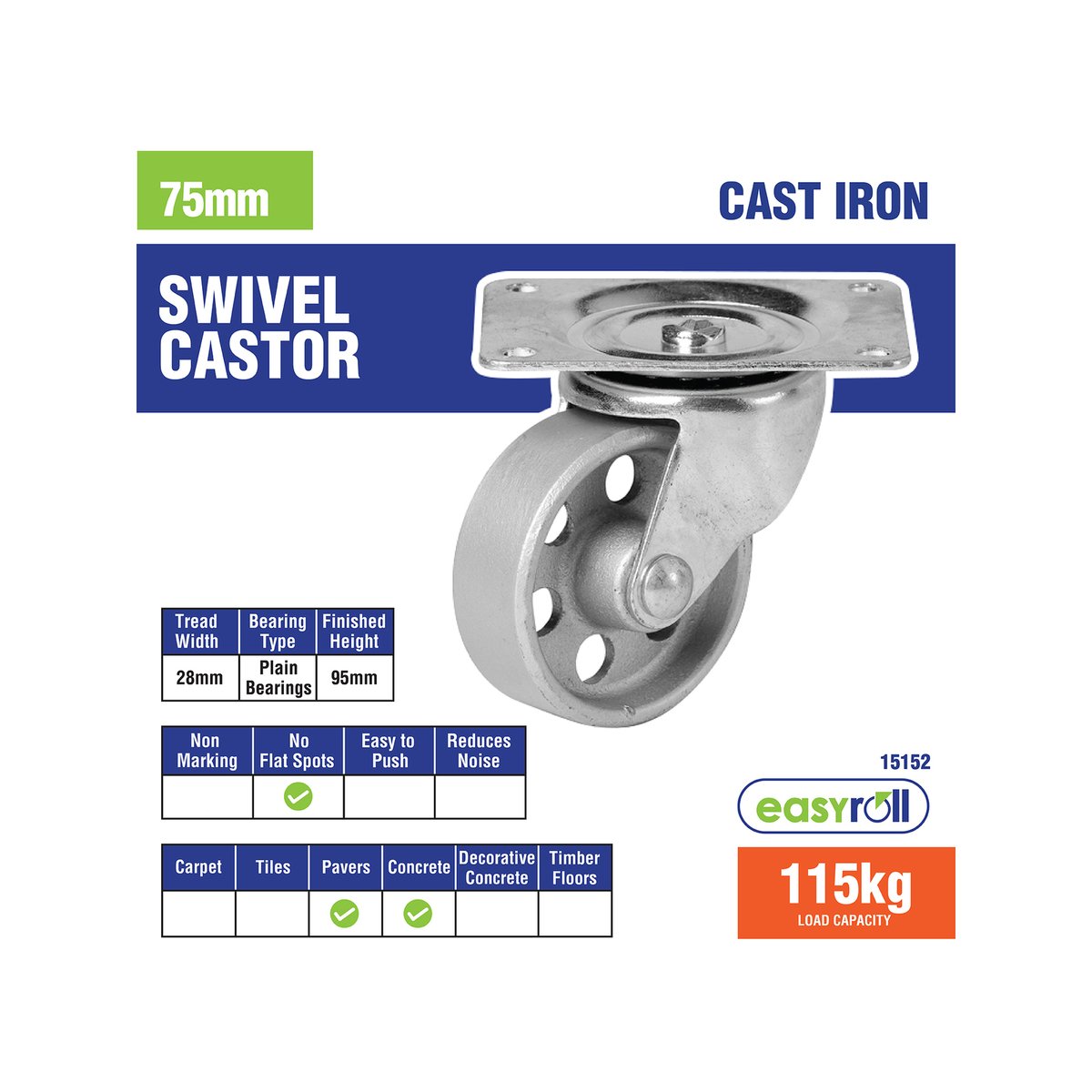 Easyroll Castor - 75mm - Cast Iron - High Load Capacity