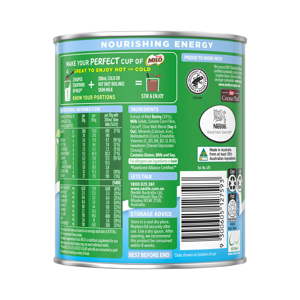 Milo 30% Less Added Sugar Chocolate Malt Powder Hot Or Cold Drink - 395g