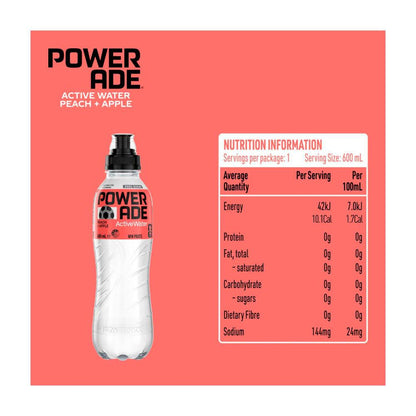 Powerade Ion4 Active Water Peach And Apple Zero Sugar Sipper Cap Bottle - 600mL