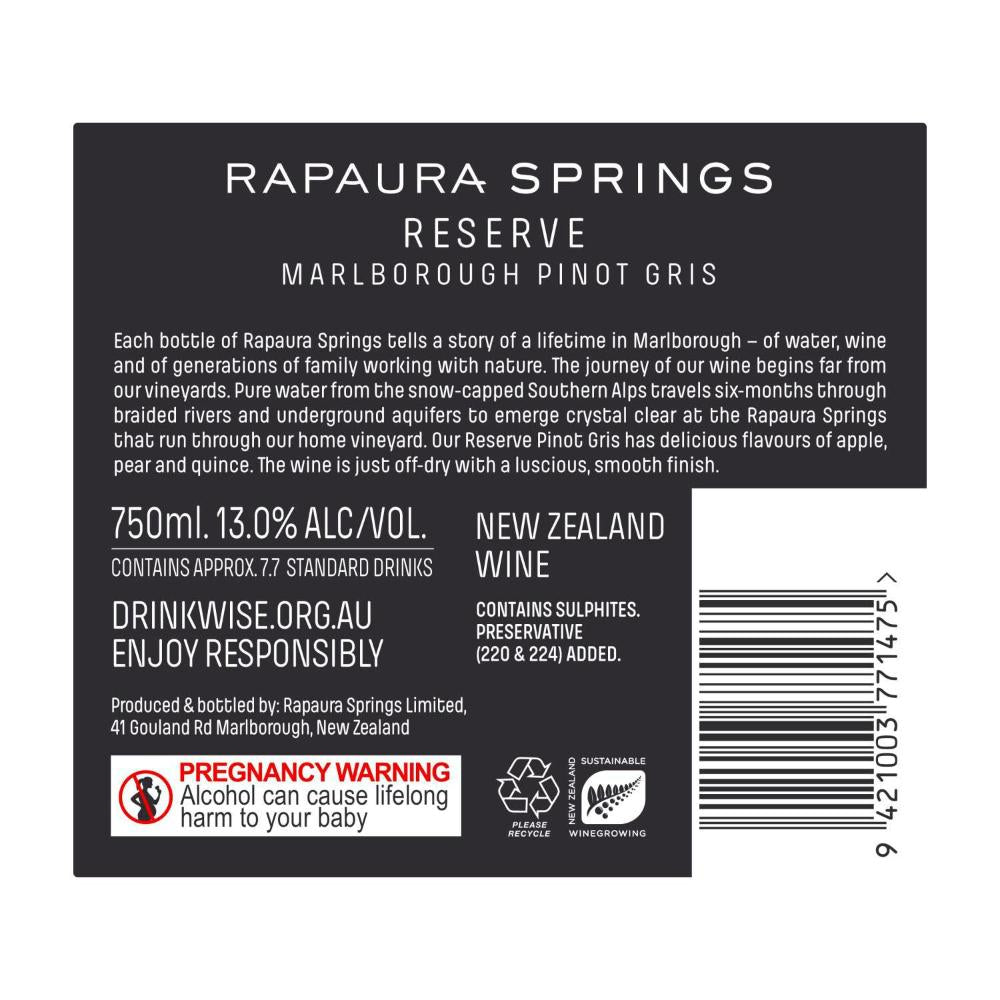 Rapaura Springs Reserve Pinot Gris 750ml - 1 Each