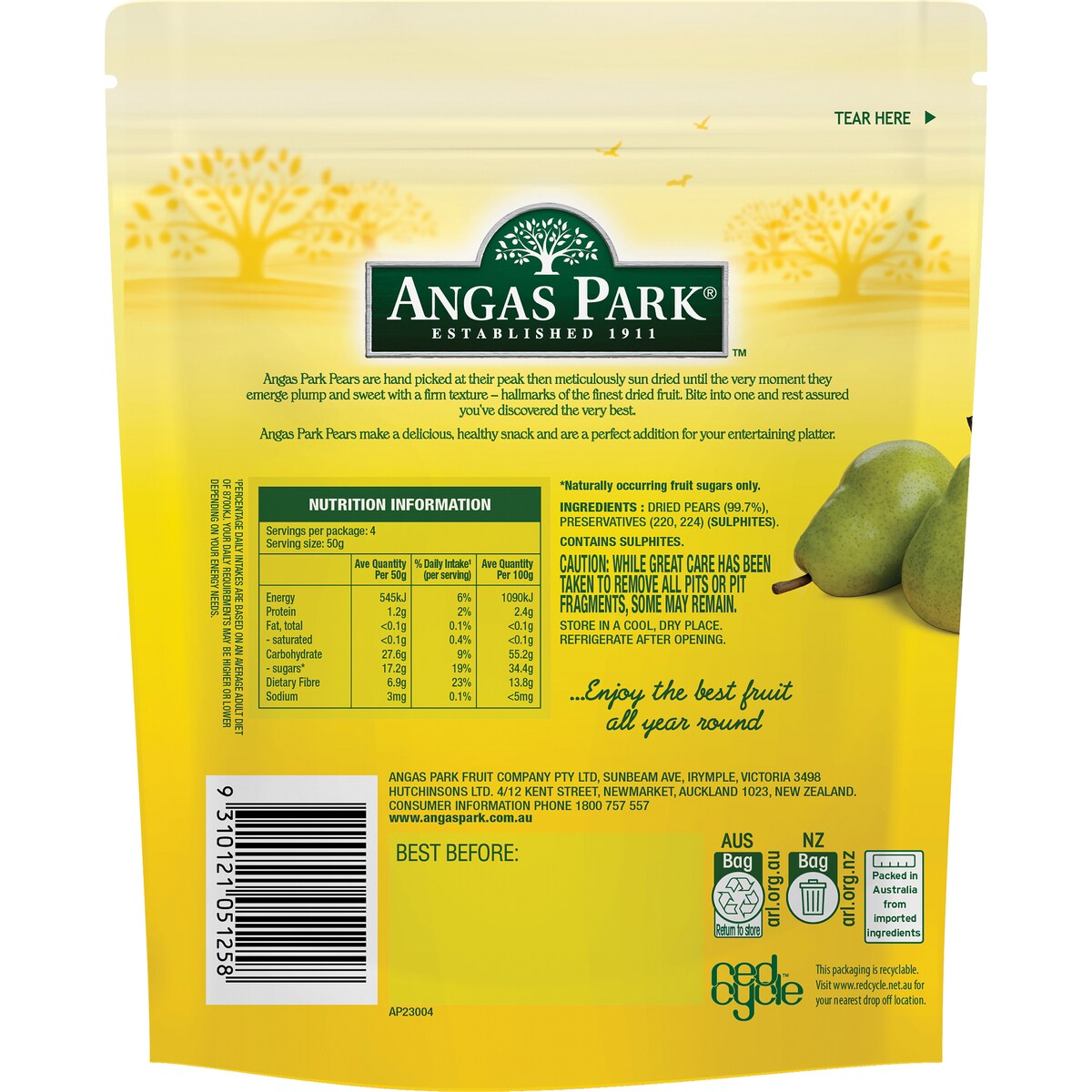 Angas Park Dried Pears 200g