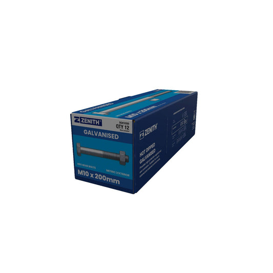 Zenith M10 Hot Dip Galvanised Hex Head Bolts and Nuts - 200mm - 12 Pack