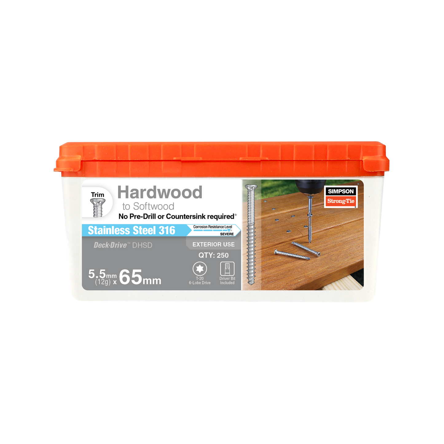 Simpson Strong Tie Decking Screws - 12G x 65mm - 316 Stainless Steel