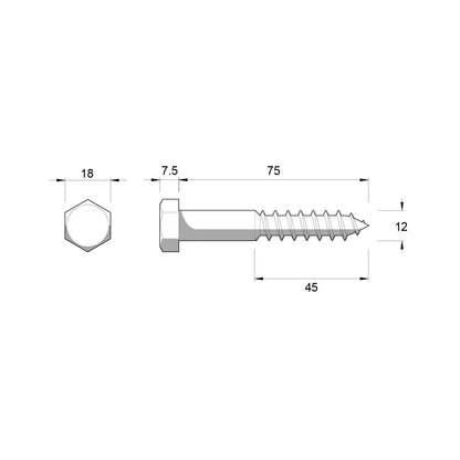 Zenith Hot Dip Galvanised Hex Head Coach Screws - M12 x 75mm - 12 Pack