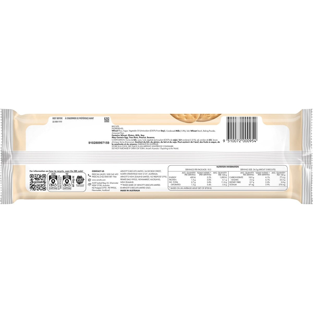 Arnott's Milk Arrowroot Plain Biscuits Biscuits 250g