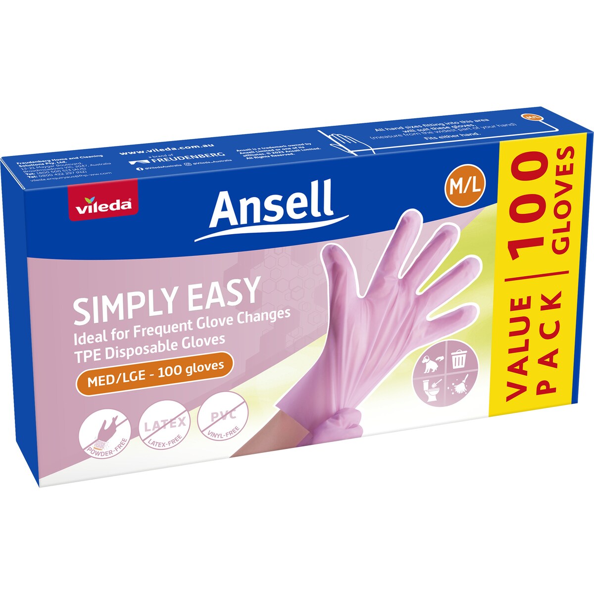 Vileda Ansell Simply Easy TPE Disposable Gloves Medium/Large 100 pack