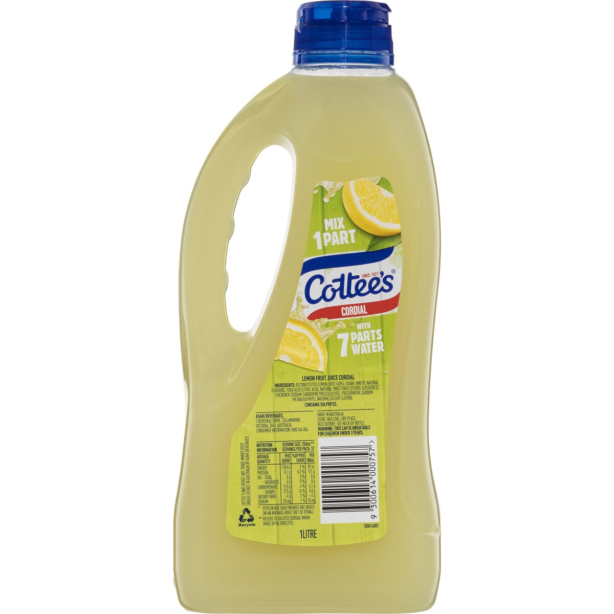 Cottee's Lemon Cordial Lemon Crush With 40% Fruit Juice Bottle 1l