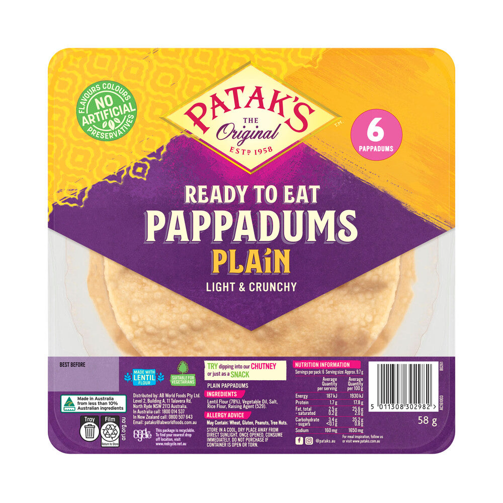 Patak's Ready To Eat Plain Pappadums 6 Pieces - 58g