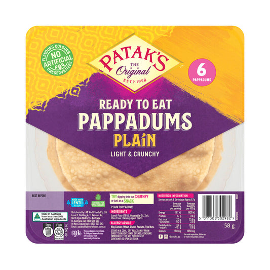 Patak's Ready To Eat Plain Pappadums 6 Pieces - 58g
