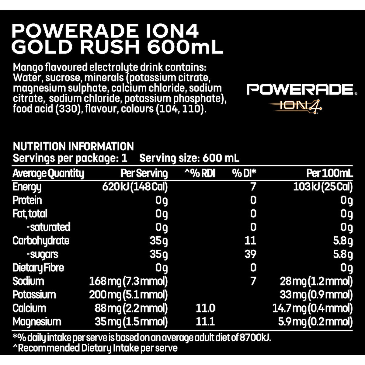 Powerade Ion4 Gold Rush Sports Drink Sipper Cap 600ml