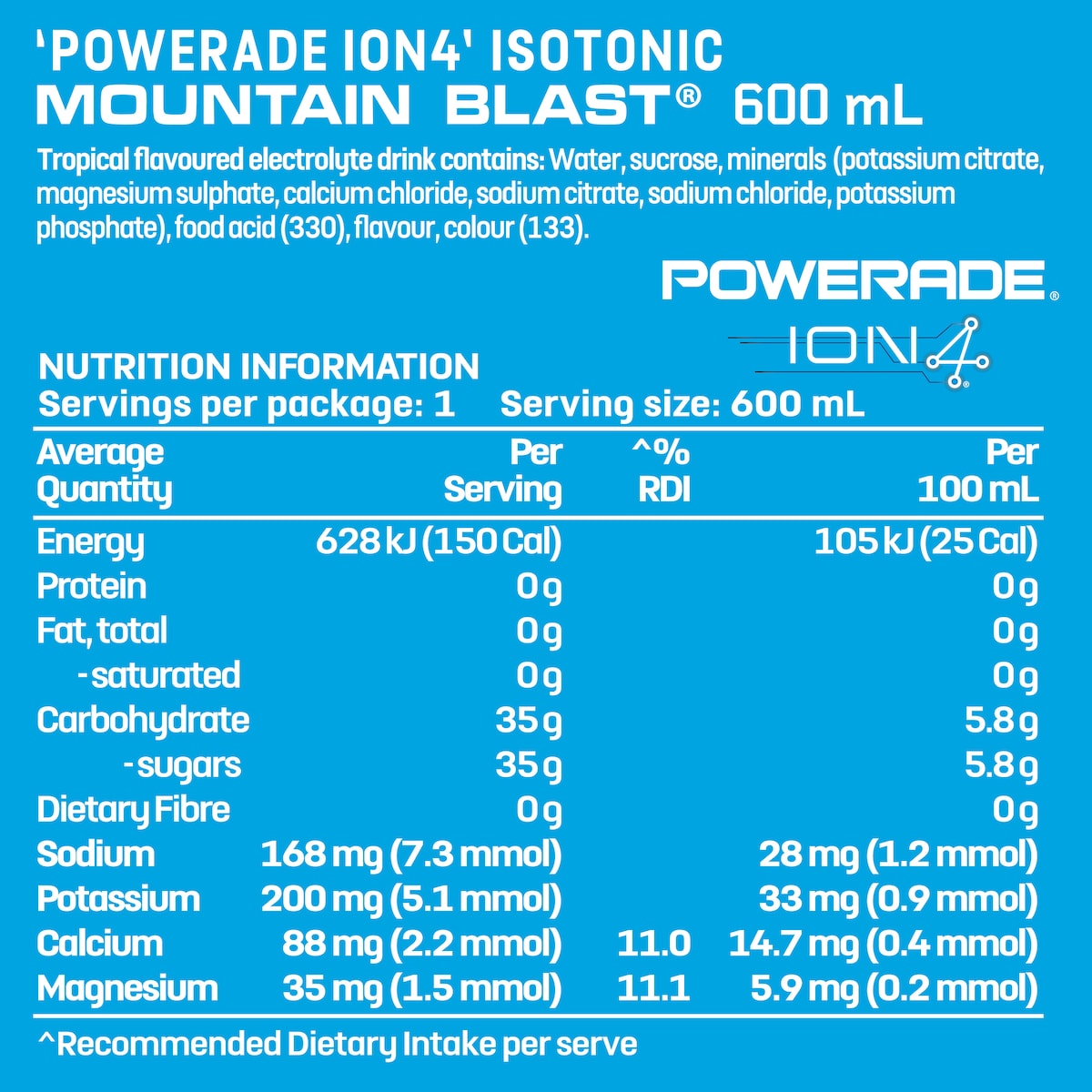 Powerade ION4 Mountain Blast Sports Drink Sipper Cap 600mL