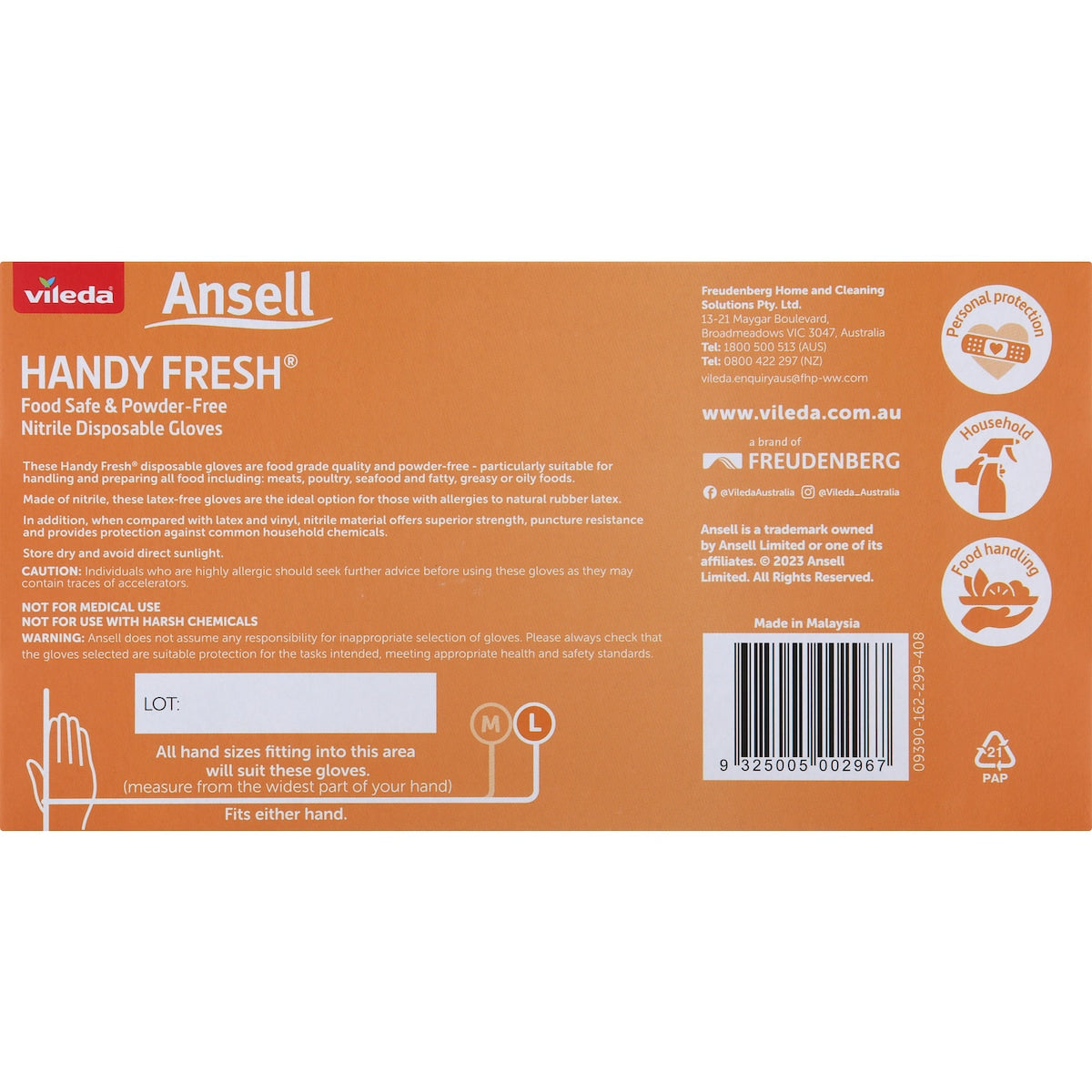 Ansell Handy Fresh Nitrile Disposable Gloves Large 100 Pack