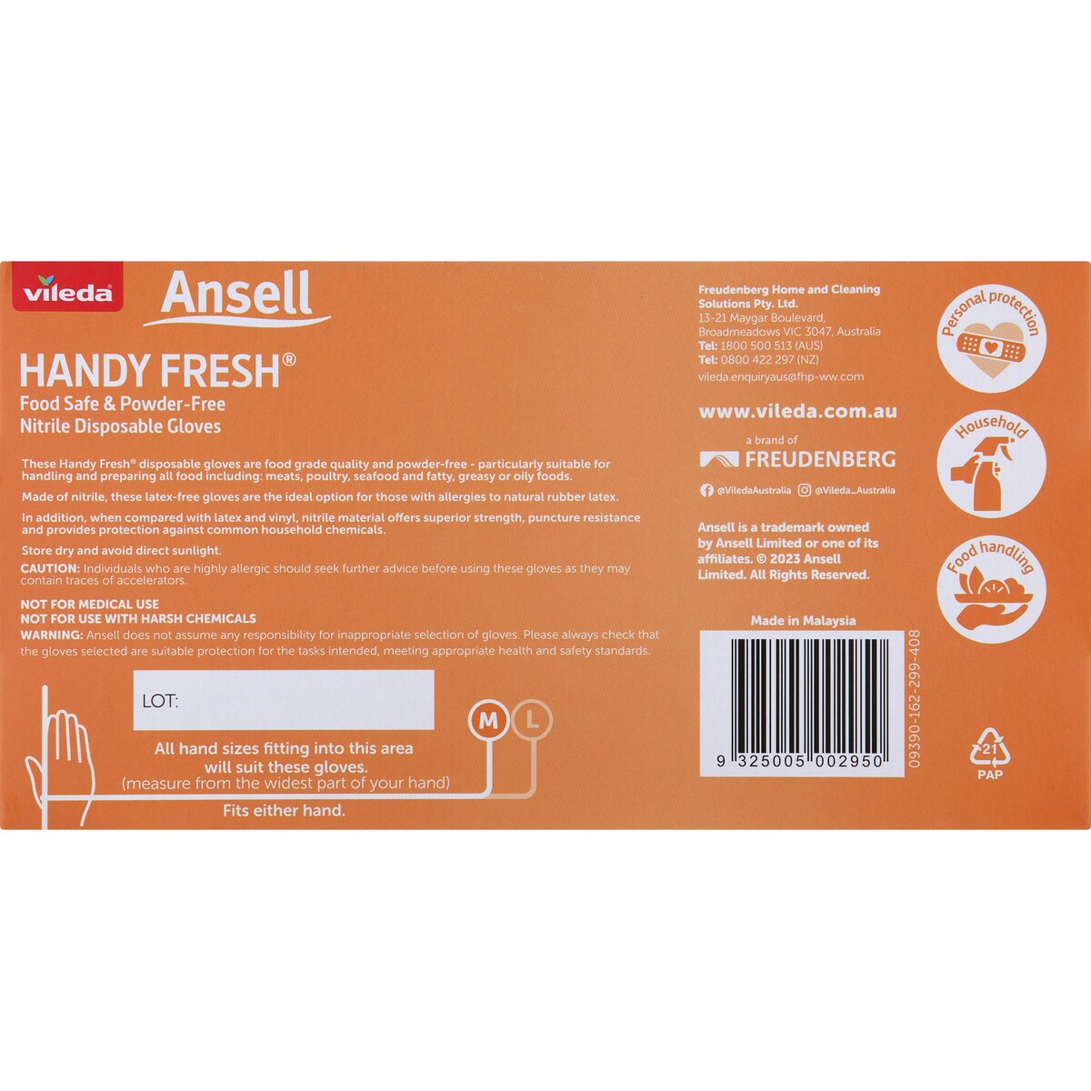 Vileda Ansell Handy Fresh Nitrile Disposable Gloves Medium 100 pack