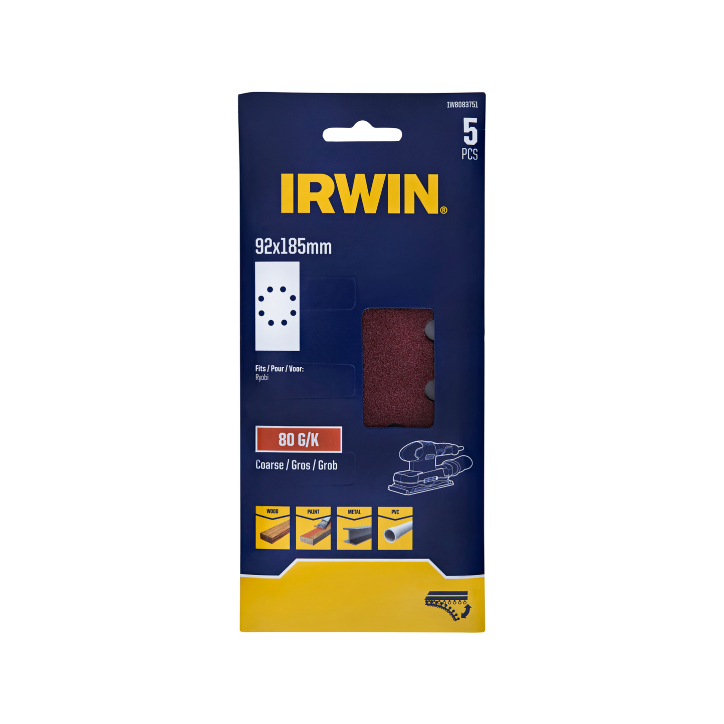 Irwin Orbital Sand Sheets - 80 Grit - 92 x 185mm - 5 Pack
