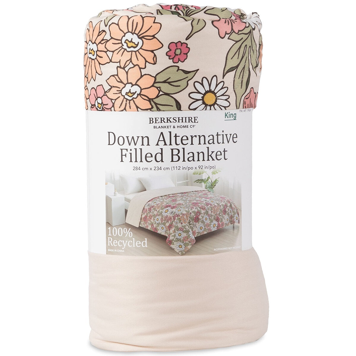 Berkshire Queen Down Alternative Blanket, Reversible Pink/White Floral, Eco-Friendly