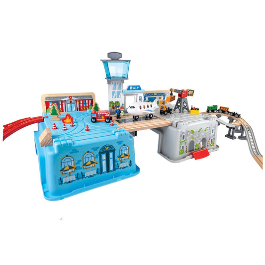 Hape Super Cityscape Transport Set E3773 - 80-Piece Railway with Battery Engine & Accessories
