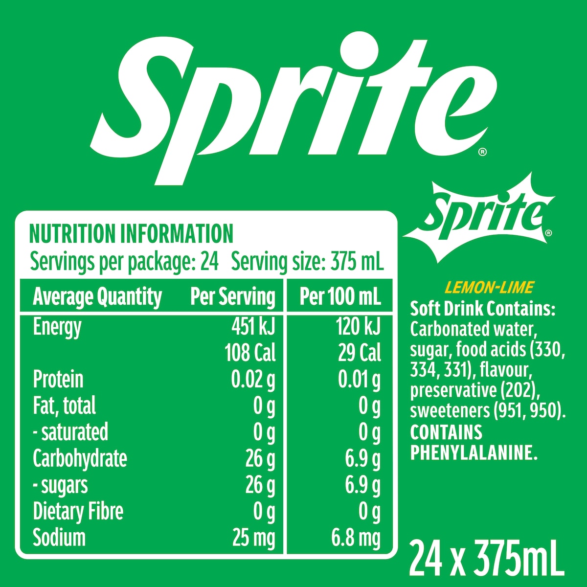 Sprite Lemonade Soft Drink Cans 375ml X 24 Pack
