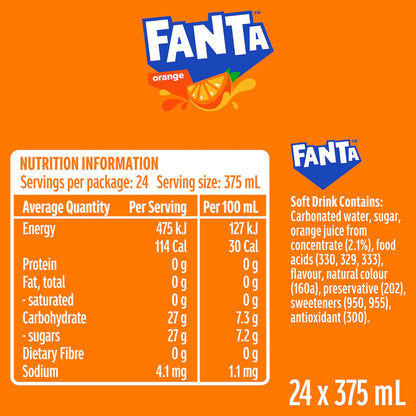 Fanta Orange Soft Drink Cans 375ml X 24 Pack