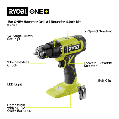 Ryobi Hammer Drill All Rounder Kit - 18V ONE+ - 4.0Ah - 13mm