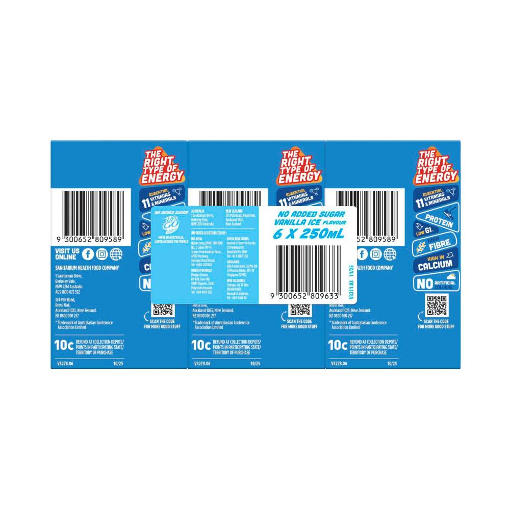 Sanitarium Up&go No Added Sugar Liquid Breakfast Vanilla Ice 6x250ml - 1.5L