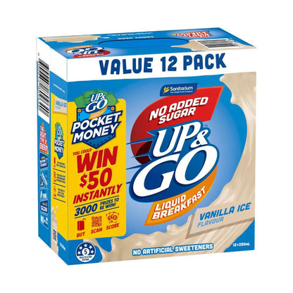Sanitarium Up&go No Added Sugar Liquid Breakfast Fridge Vanilla Ice 12x250ml - 3L