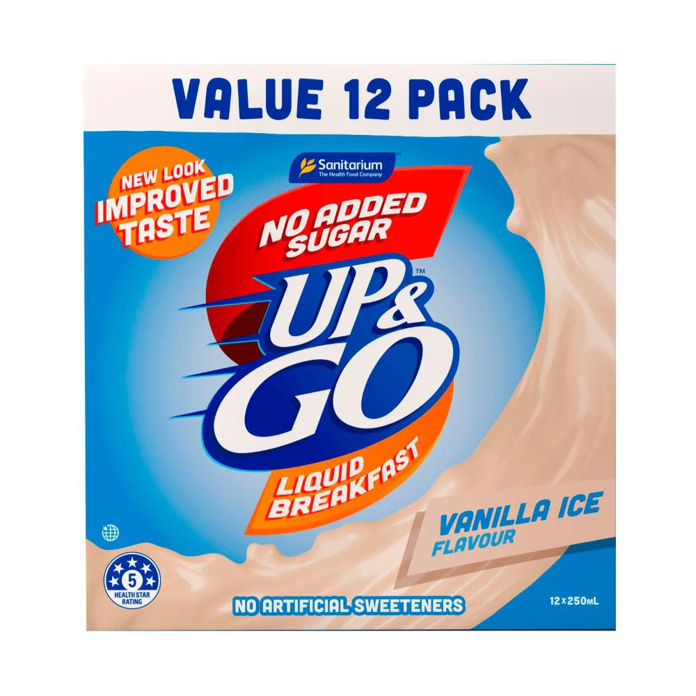 Sanitarium Up&go No Added Sugar Liquid Breakfast Fridge Vanilla Ice 12x250ml - 3L