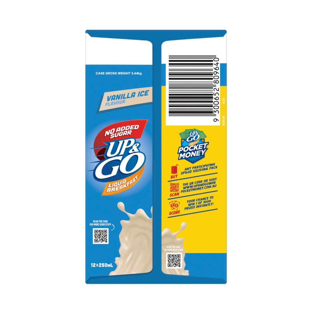Sanitarium Up&go No Added Sugar Liquid Breakfast Fridge Vanilla Ice 12x250ml - 3L