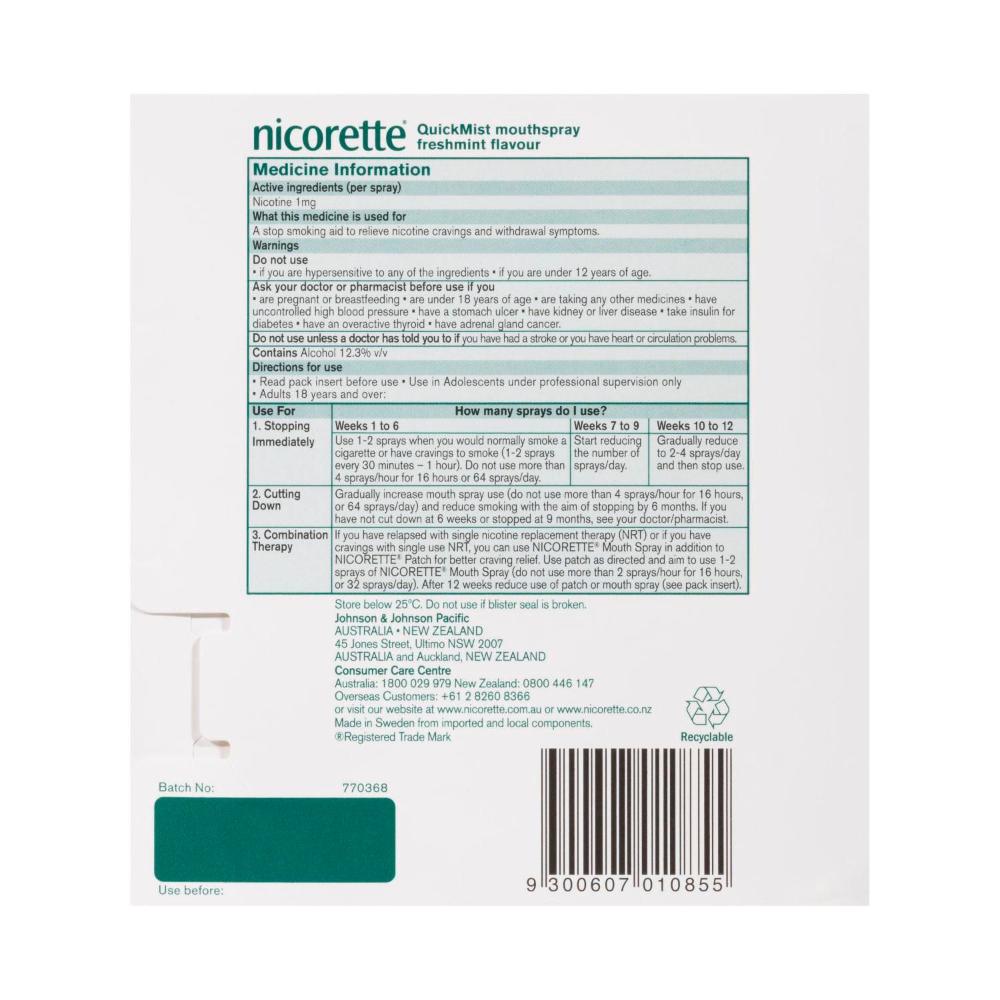 Nicorette Quickmist Mouth Spray Freshmint 26.4ml - 2 Pack