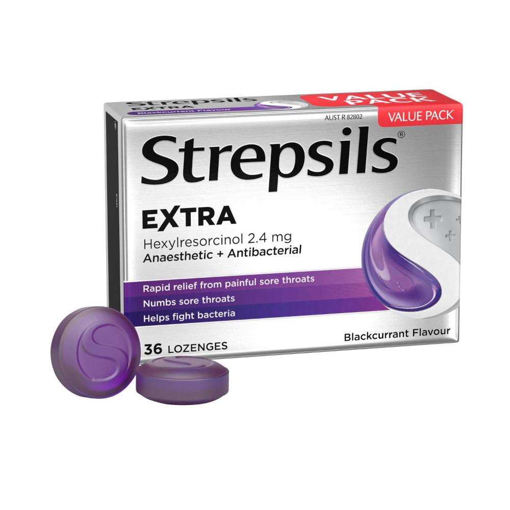 Strepsils Extra Anaesthetic Sore Throat Pain Relief Lozenges Blackcurrant - 36 pack
