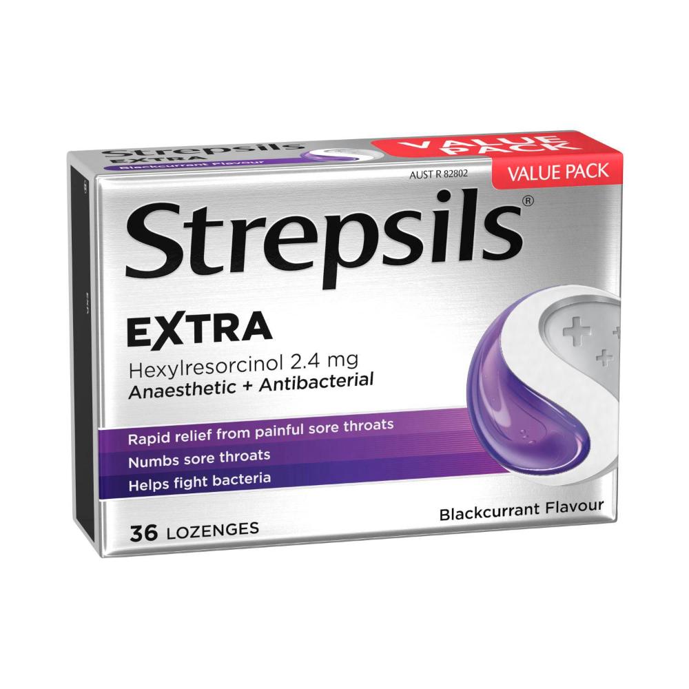 Strepsils Extra Anaesthetic Sore Throat Pain Relief Lozenges Blackcurrant - 36 pack
