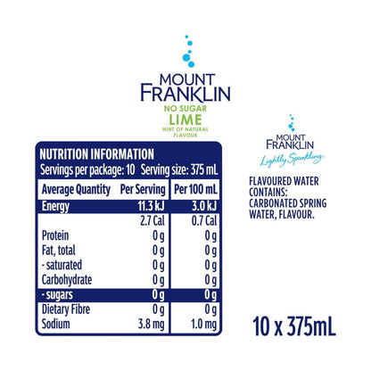 Mount Franklin Lightly Sparkling Water Lime Multipack Cans 375ml - 10 Pack
