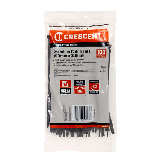 Crescent Cable Ties - 150 x 3.6mm - Black - 100 Pack