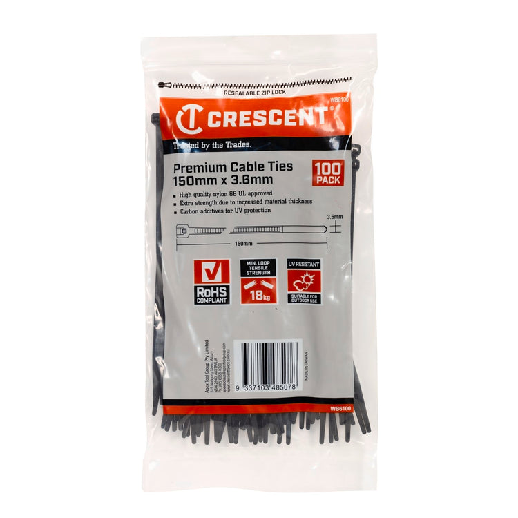 Crescent Premium Cable Ties 150 x 3.6mm Black - 100 Pack