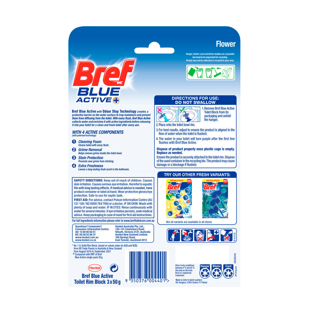 Bref Blue Active Toilet Cleaner Rim Block Flower 3x50g - 150g