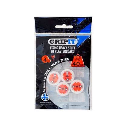 Gripit 18mm Red Plasterboard Fixing 4 Pack - Strong - Reusable - 40kg Capacity