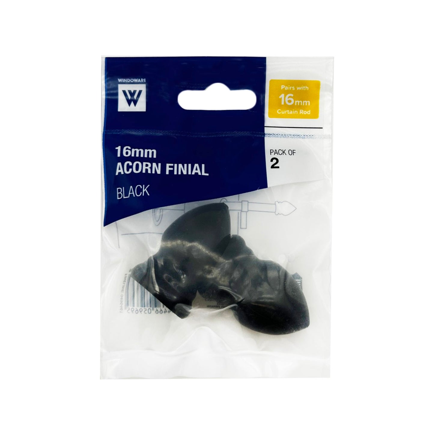 Windoware Black Curtain Rod Acorn Finial - 16mm - 2 Pack
