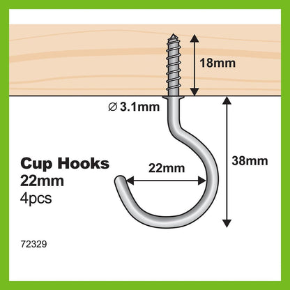 Everhang Zinc Plated Cup Hook 22mm Steel 4 Pack Easy Install