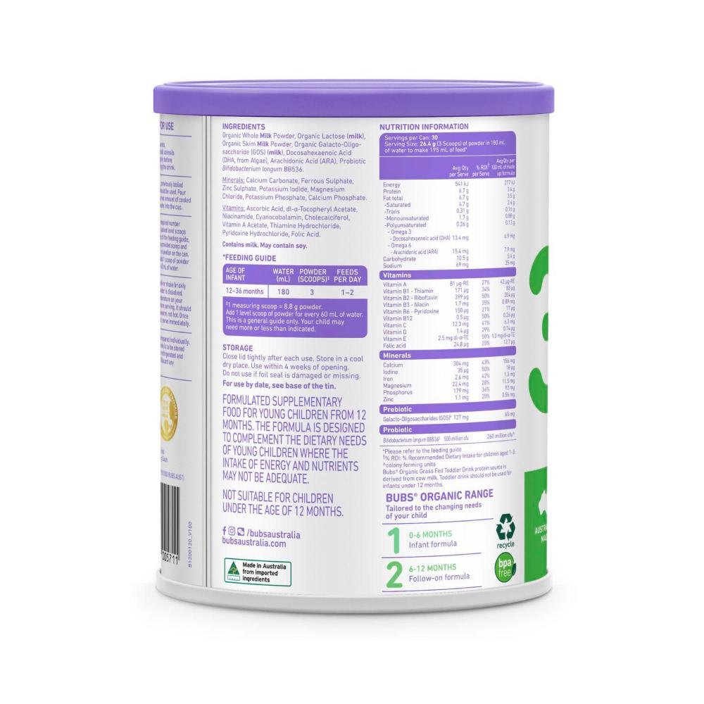 Bubs Organic Grass Fed Formula Stage 3 Toddler - 800g