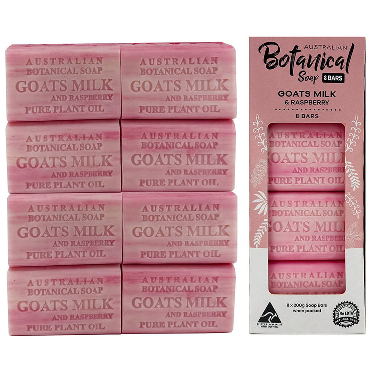 Australian Botanical Soap 8 Pack - Goats Milk & Raspberry, Long-Lasting, Creamy Lather, Made in Australia