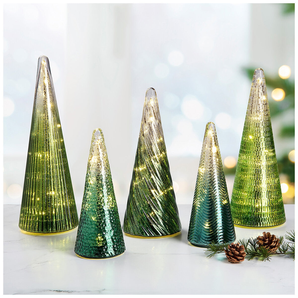 LED Glass Trees Set of 5 with Timer, Indoor Festive Decor, Includes Batteries