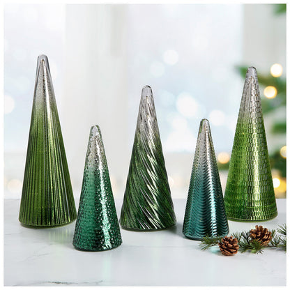 LED Glass Trees Green Set of 5 with Timer, Indoor Decor, Includes Batteries