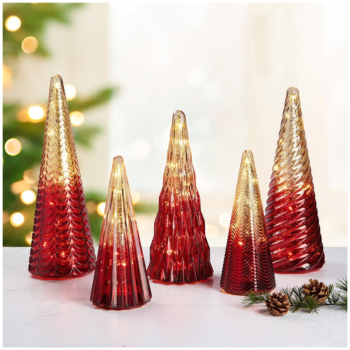 LED Glass Trees Set of 5 with Timer, Indoor Festive Decor, Includes Batteries