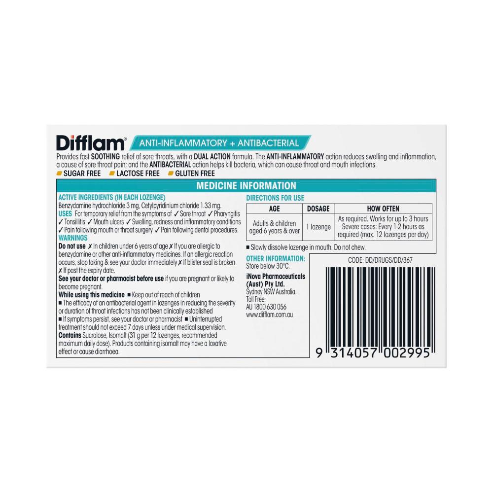 Difflam Honey & Lemon Flavour Regular Lozenges - 16 pack