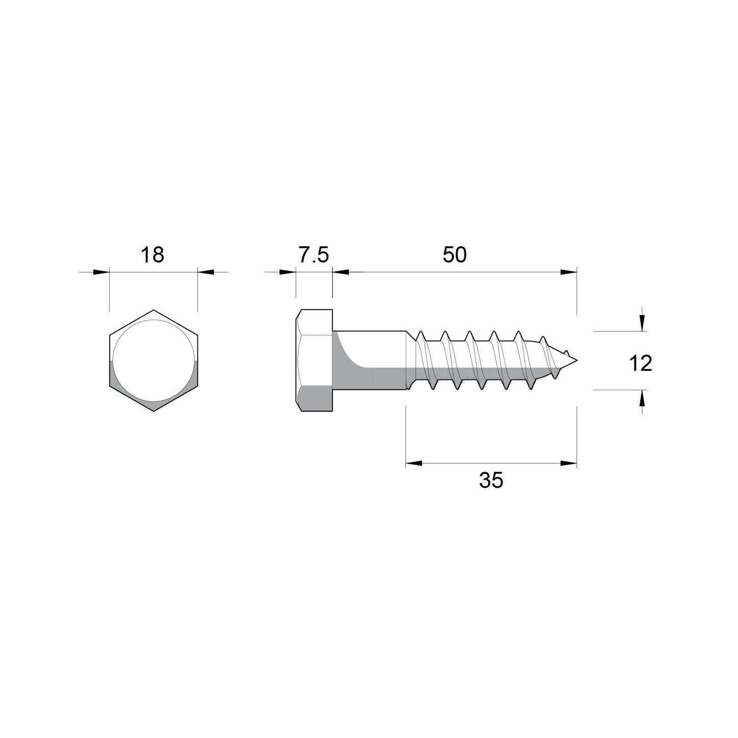 Zenith Hex Head Coach Screws - M12 x 50mm - Hot Dip Galvanised - 12 Pack