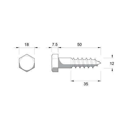 Zenith Hex Head Coach Screws - M12 x 50mm - Hot Dip Galvanised - 12 Pack