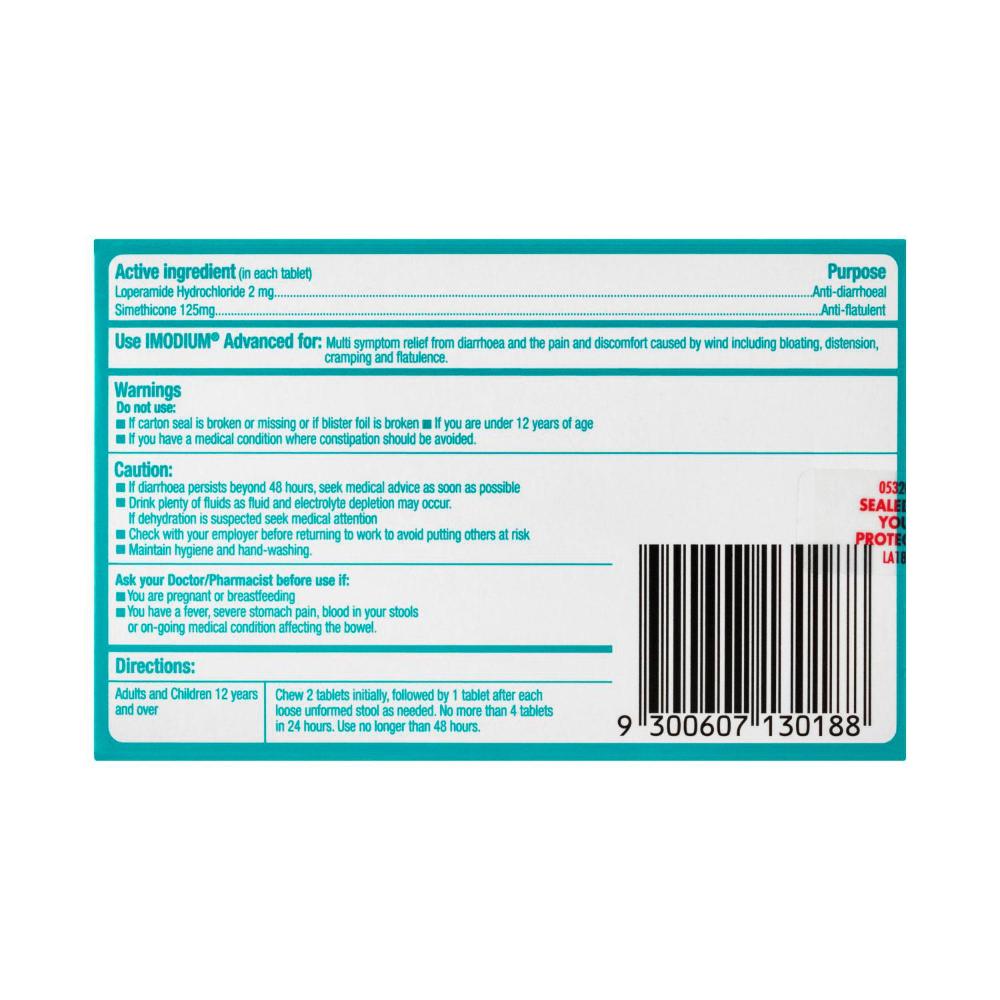 Imodium Advanced Diarrhoea Plus Wind Pain Relief Chewable Tablets - 6 pack
