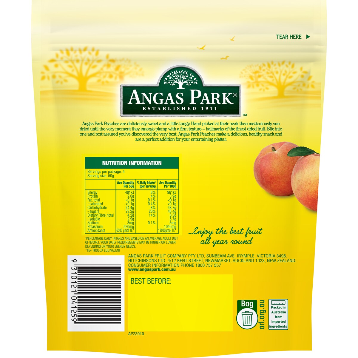 Angas Park Peaches Dried 200g