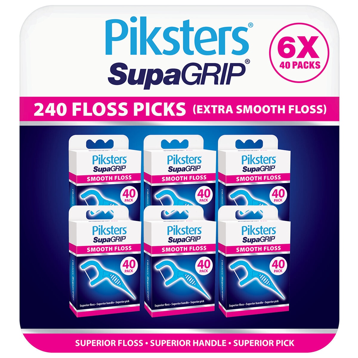 Piksters Supa Grip Floss Picks Smooth Portable 6 x 40 Pack