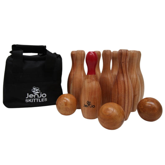 Jenjo Wooden Skittles Game Set with Carry Bag Natural Hardwood