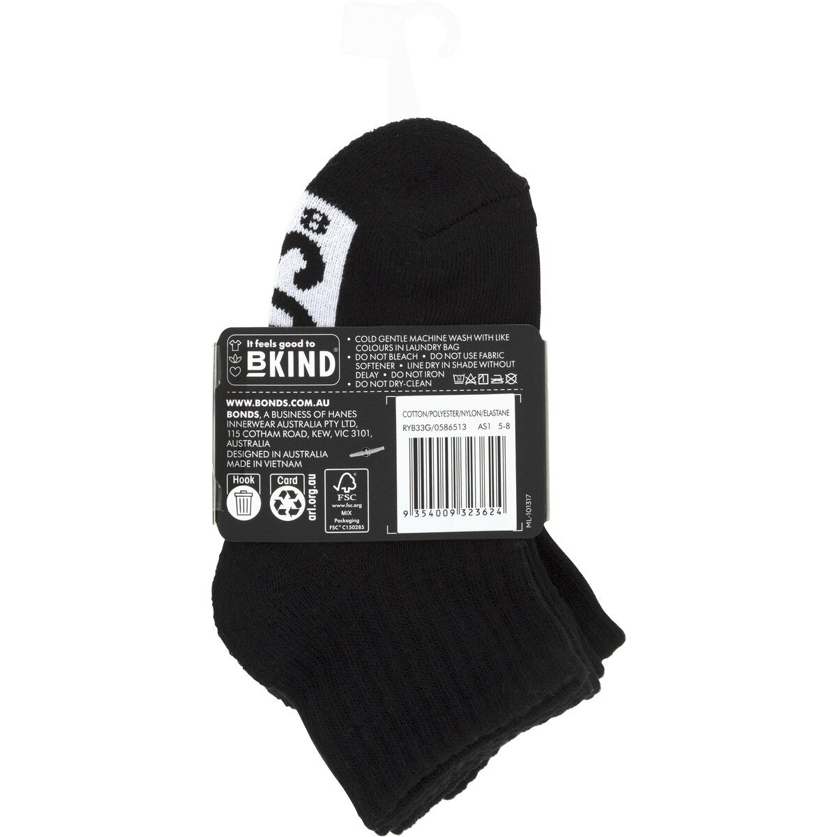Bonds Kids Socks Sport 1/4 Size 2-8 Assorted 3 Pack